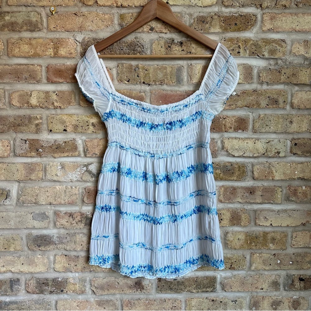 Unyx White Gauzy Top w/ Blue Embroidery & Sequin Detail